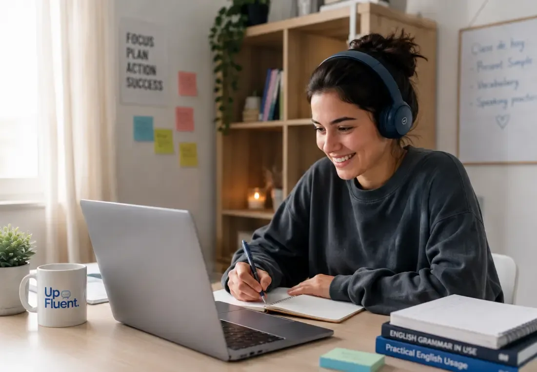 Estudiante hispanohablante tomando una clase de inglés online con auriculares frente a su notebook